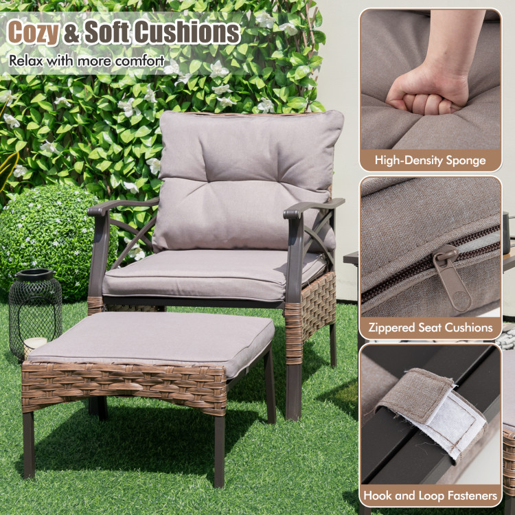 5 Pieces Wicker Patio Furniture Set Ottomans and Cushions and 2-Tier Tempered Glass Side Table - Gallery View 9 of 10